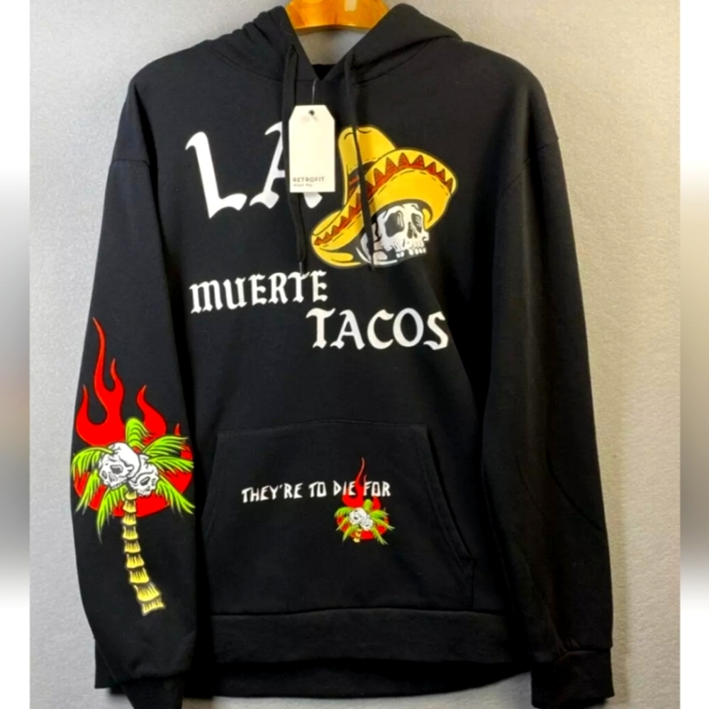 Retrofit Hoodie Mens XL Muerte Tacos Skull Sweatshirt Cotton Polyester Black NWT